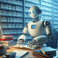 Fototapeta premium The robot librarian at work reads a book and searches for the necessary information in the library.