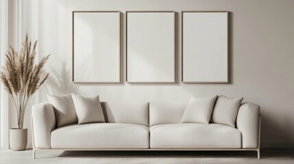 a mockup for wall art, clean white interior with beige tones, a couch against the wall, 3 portrait size frames on the wall, 