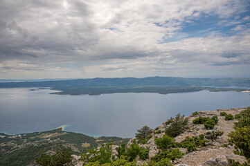 View of the beach at Bol and Hvar Island from the peak of Vidova Gora, Brac Island, Croatia