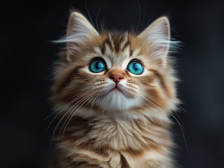 A captivating image of a tabby kitten with bright blue eyes and a curious expression, highlighting its detailed fur patterns and the alertness of its posture against a soft backdrop.