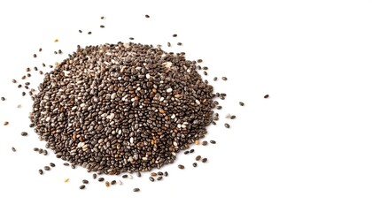 Edible Chia seeds - Salvia hispanica - a flowering plant in the mint family Lamiaceae native to central and southern Mexico. Contains omega 3, protein, fiber and vitamins. Isolated on white background