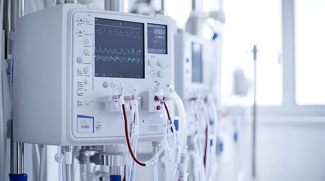 A dialysis machine in use, with the focus on the tubes and blood flow during the treatment process.