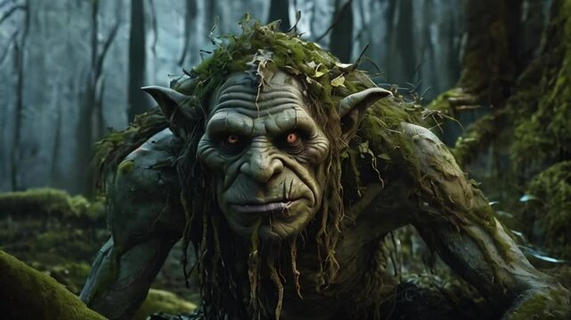 Ugly troll in dark forest landscape, generative ai
