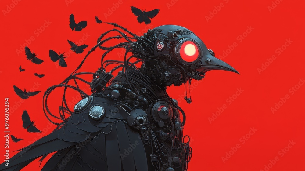 Poster a mechanical raven with a red eye, adorned with intricate wires and a flock of black butterflies, st