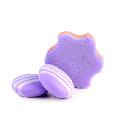 Lavender soap and bath sponge isolated on white. Free space for text.