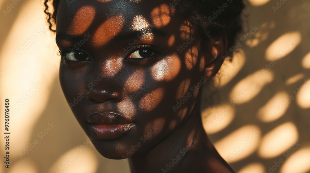 Sticker African woman stands in natural light her gaze intense with shadows and sunlight patterned across her face and shoulder