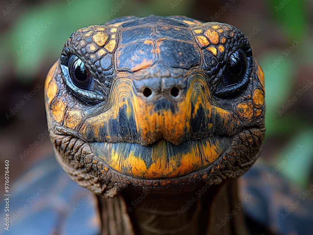 Poster a striking macro photograph capturing the intricate details and vivid markings on a turtle's face, s