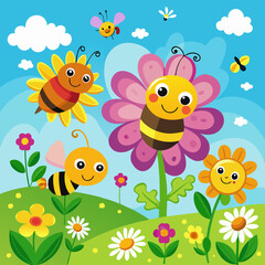 Editable Vector illustration of  colorful flowers and bees on a sunny day