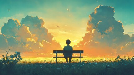 Lofi Lonely Alone Sad Boy Kid Pondering with Golden Hour Sunset - Anime Manga Style Cozy Chill Relax Wallpaper Background
