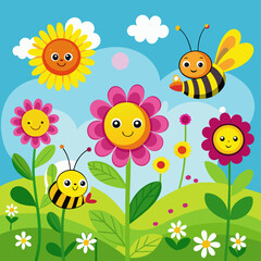 Editable Vector illustration of  colorful flowers and bees on a sunny day