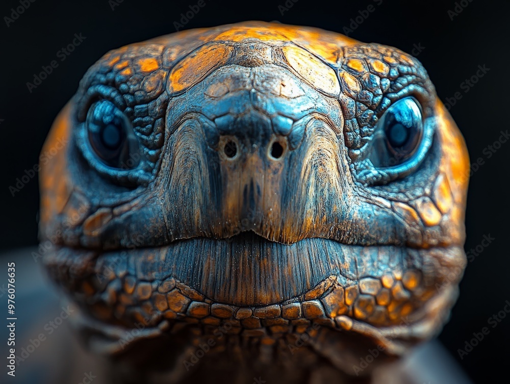 Poster Close-up image of a turtle's face with vibrant blue and orange textures, highlighting the detailed patterns and intricate textures on its skin and eyes.