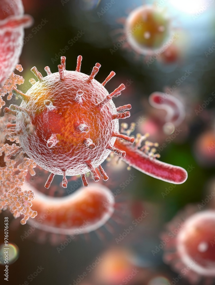 Poster a microscopic image showcasing a vibrant cluster of bacteria and viruses, highlighting the intricate