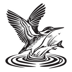 River Kingfisher Clipart Silhouette - Common Kingfisher Catching a fish Silhouette illustration in a White Background