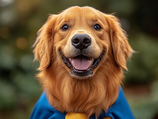 Obraz premium A cheerful Golden Retriever wearing a blue cape poses outdoors against a lush green background, making for a lively and uplifting scene that shines with joy and brightness.