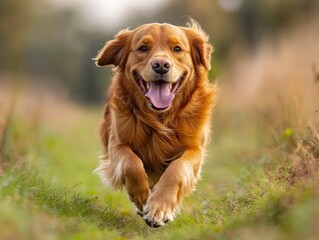 A happy Golden Retriever is captured running on a grassy path with a joyful expression, set against a beautiful and serene natural background.