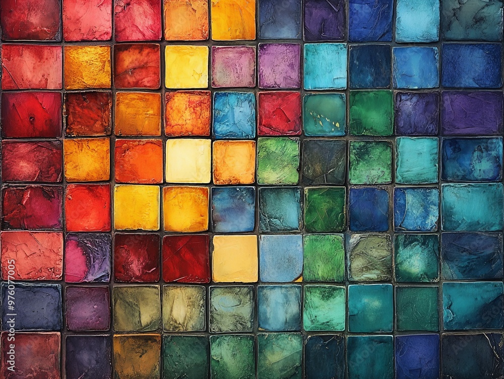 Poster A vibrant collection of colorful abstract glass squares that combines various hues and textures, showcasing an intricate and visually appealing composition.
