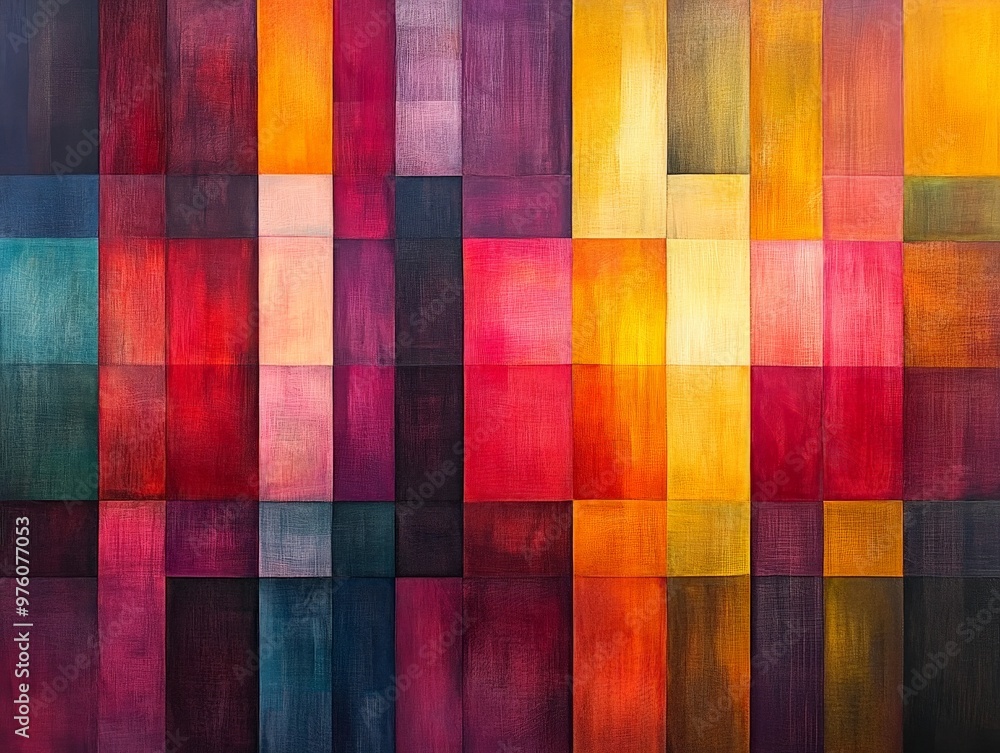 Aufkleber An abstract painting featuring a blend of colorful rectangular blocks in various shades, meticulously arranged to form a visually appealing and harmonious artwork.