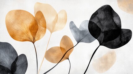 A modern abstract artwork featuring delicate leaves in warm tones and contrasting colors on a soft background.