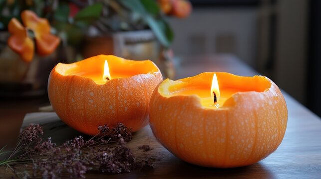 Pumpkin candles with home decor, Halloween concept