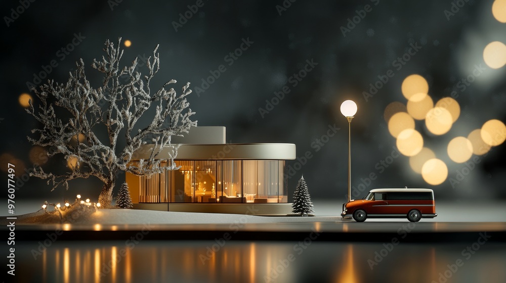 Poster a modern home with large windows and a snowy tree, illuminated by christmas lights, creating a warm 