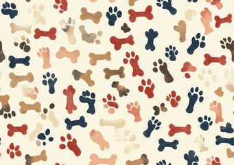 A seamless pattern of dog paw prints and bones in muted shades of red, blue, brown, and beige on a cream background.