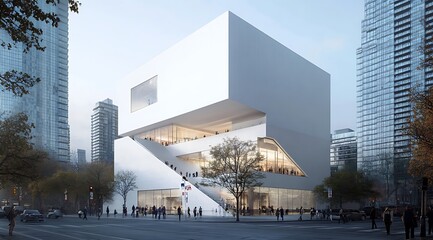 A modern white building with a large staircase leading up to the entrance. People are walking around the building.