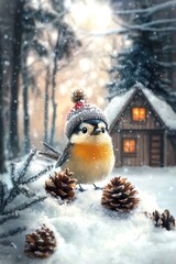 Fototapeta premium Cute chickadee bird wearing a winter hat, standing in the snow with pinecones and a small wooden house in the background