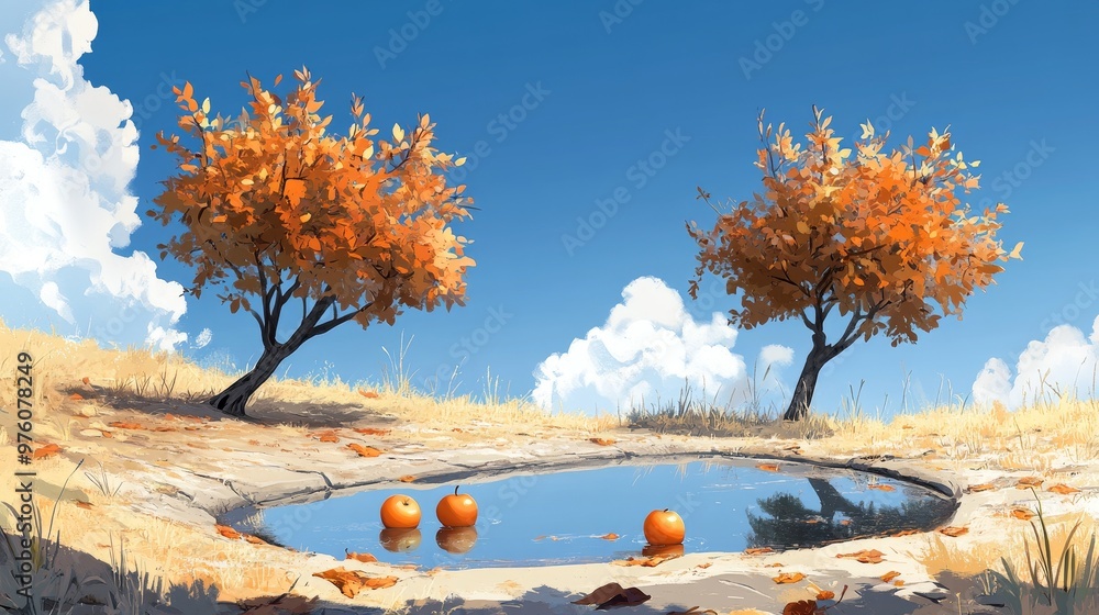Poster a peaceful autumn scene featuring two vibrant trees casting shadows on a tranquil pond with floating