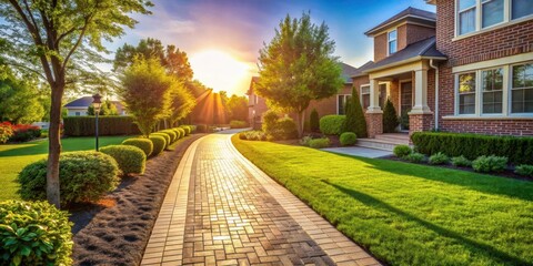 Fototapeta premium Brick sidewalk and walkway in a residential neighborhood with low shrubs and grass, bathed in filtered sunlight horizontal aspect