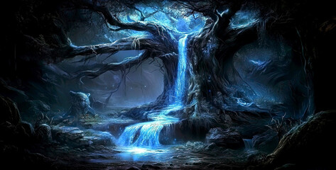Fototapeta premium Mystical magical glowing blue energy flowing from an enchanted tree deep in the dark forest, surreal dreamlike magic wonder, fantasy forest at night