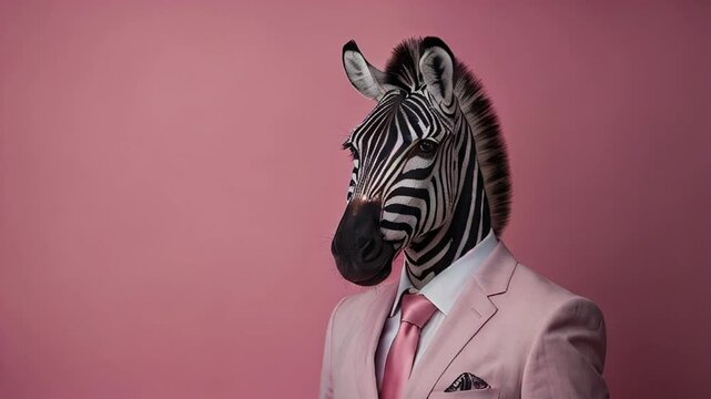 Anthropomorphic zebra in elegant pink business suit on pink background, generative ai