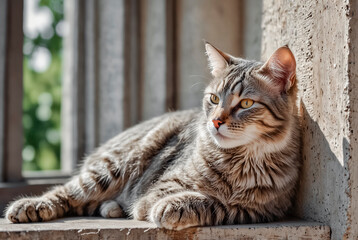 Domestic cat resting near the window