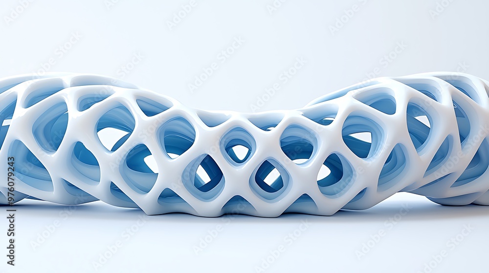 Poster a blue and white geometric structure twists and turns in abstract form.