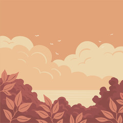 Seascape with shore and plants. Beautiful evening clouds on the water horizon. Calm peaceful view. Cartoon vector illustration. Hand drawn style