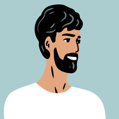Portrait of the head of a young man with a beard. Smile face. Flat vector illustration