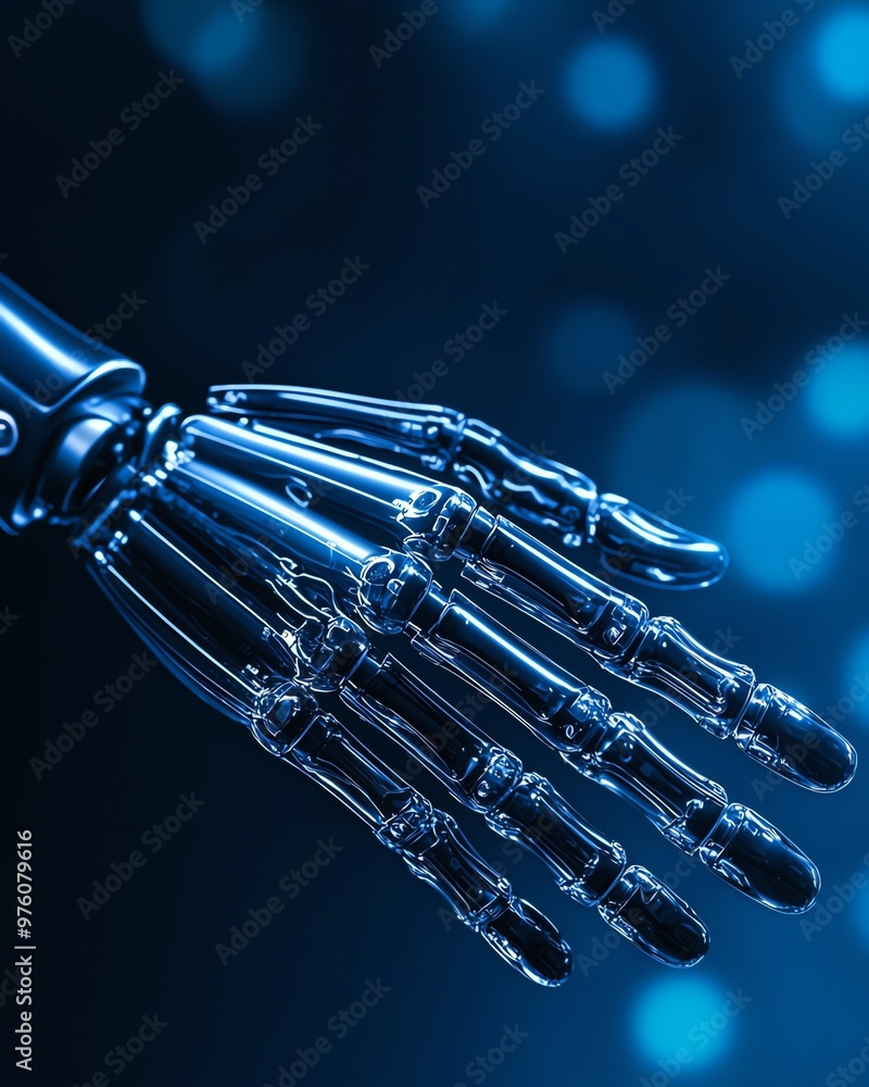 Poster futuristic robotic hand displayed against a blue bokeh background, showcasing advanced technology an