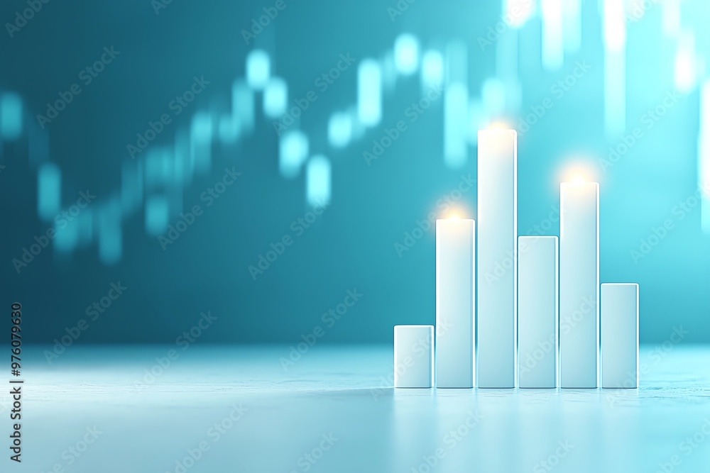 Poster modern financial data visualization with glowing bar graph against a soft blue background illustrati