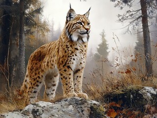 Obraz premium A majestic lynx is captured standing on a rocky outcrop in an autumn forest. The warm hues of the leaves and the lynx's fur create a striking natural tableau.