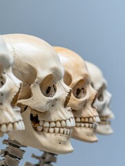 Obraz premium A row of human skulls in profile, showcasing the intricate details of their anatomy, symbolizing mortality, time, and the cycle of life.