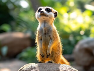 Photograph of a meerkat standing on a rock with green foliage behind it, capturing the animal's upright posture and vigilant demeanor amidst its natural surroundings.