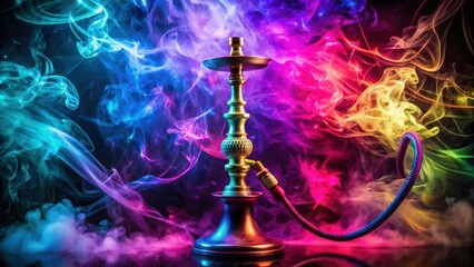 Vibrant neon hookah smoke on dark abstract background with concrete rays