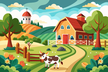 Fototapeta premium A vector illustration of a country scene with cows