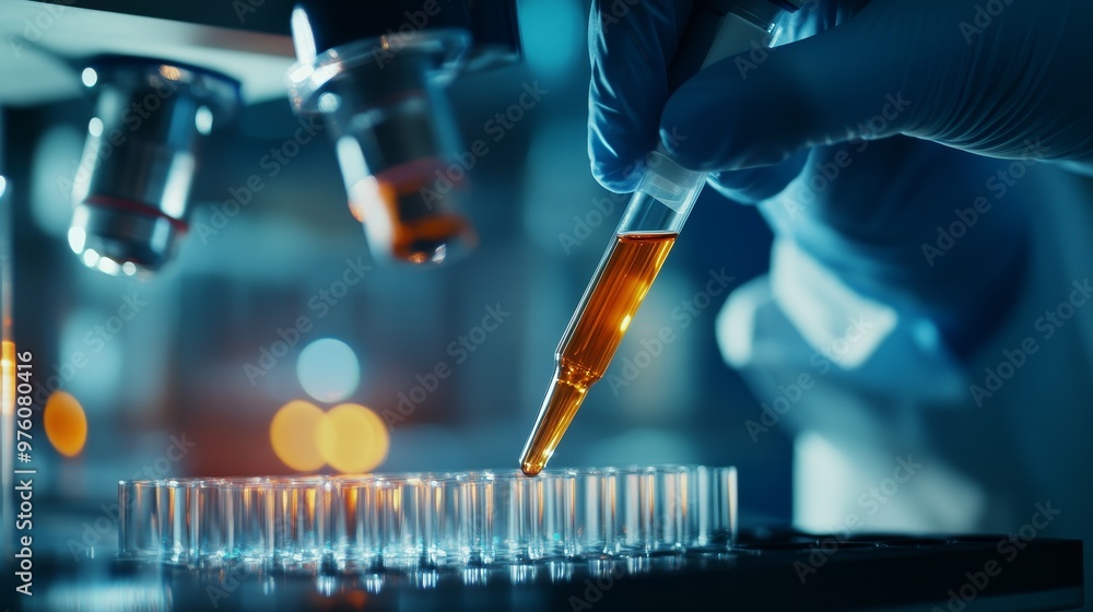Aufkleber a scientist in a laboratory setting, carefully using a pipette to transfer a liquid into a row of te