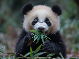 Fototapeta premium A cute panda bear is seen munching on fresh bamboo shoots, surrounded by a lush green environment, embodying the peace and simplicity of nature.