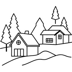 A small village scene with simple house outlines, trees, and snow-covered rooftop vector