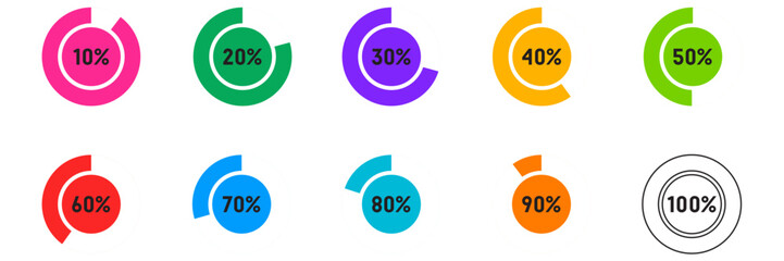 Circle percentage diagrams set. Loading indicator. Download process. Percentage pie chart for infographics, ui, web design and business presentation. Vector illustration.