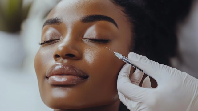 Lip Botox injections concept. Young black woman getting beauty injection in her lips, doctors hand in gloves holding syringe with filler next to woman mouth. Banner background beauty procedure design