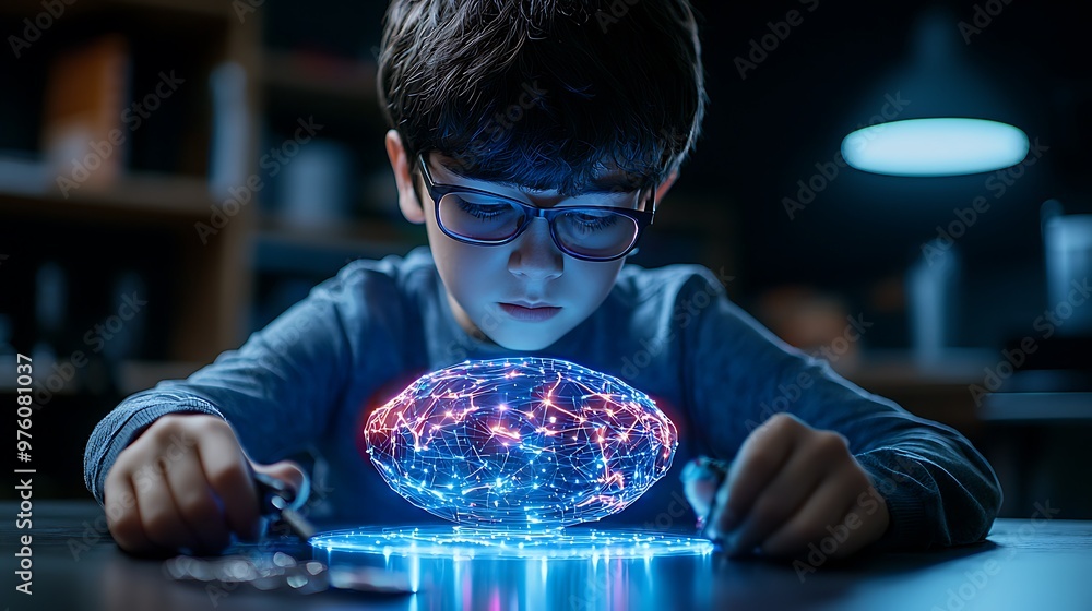 Poster a child gazes at a glowing digital brain, exploring the wonders of artificial intelligence.