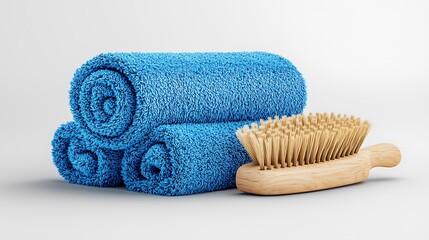 A blue towel and a wooden brush rest in a serene, minimalist spa setup.