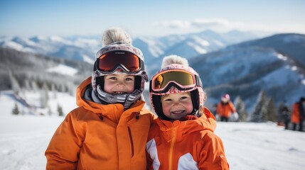 Happy kids standing on a ski slope at a ski resort. Young smiling children in skiing helmets and goggles standing on top of a snowy mountain on a sunny winter day. Kids snowboarding on winter holidays